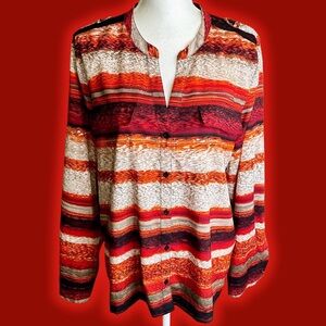 Calvin Klein Women’s ‘Roll Sleeve Printed Everyday Blouse’ in Red Abstract Multi